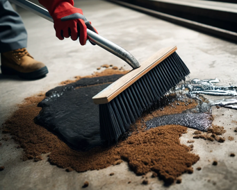 Brooming off the oil spill mixed with granular absorbent